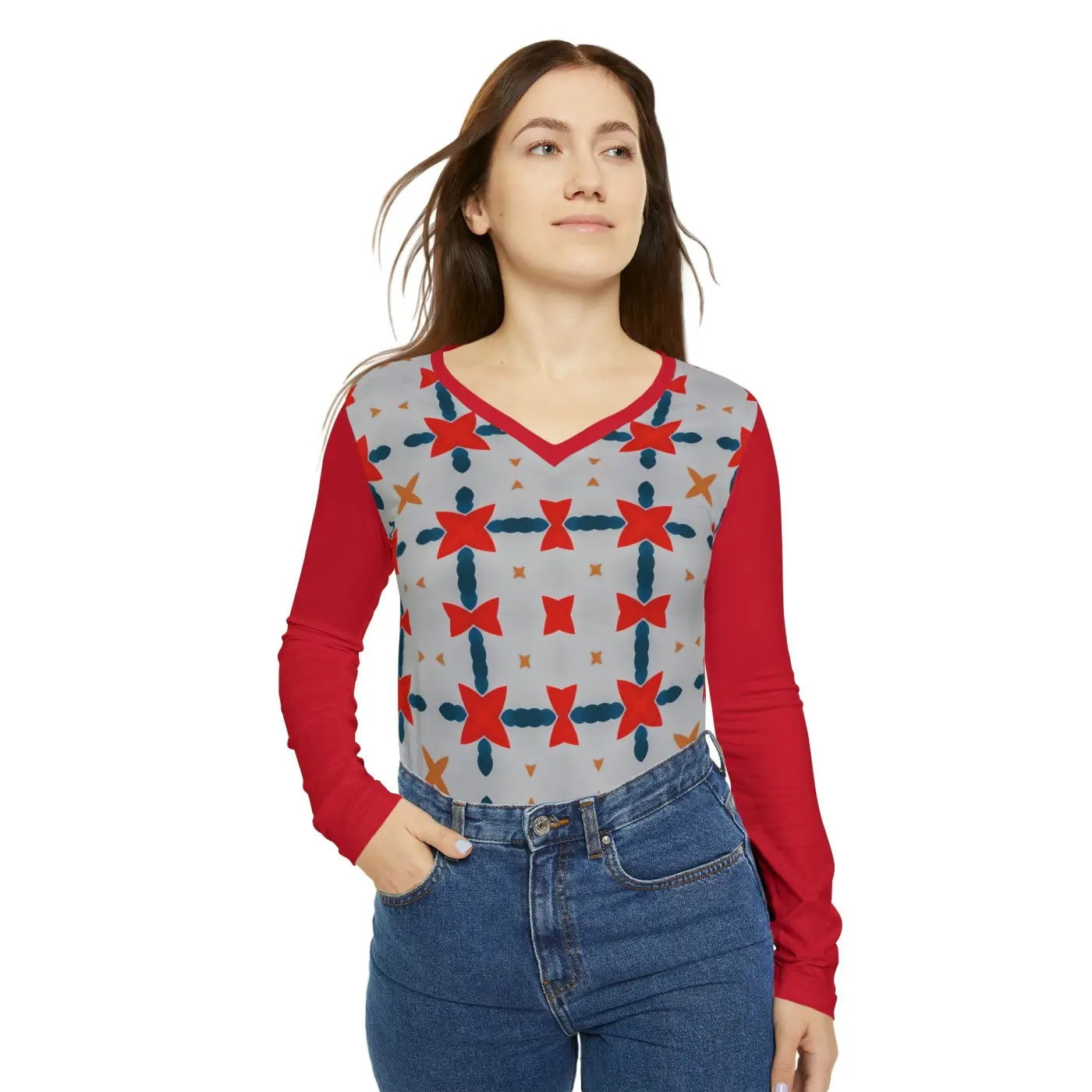 Red Pattern Long Sleeve V Neck Tee - Bold Energy - DipaliZ