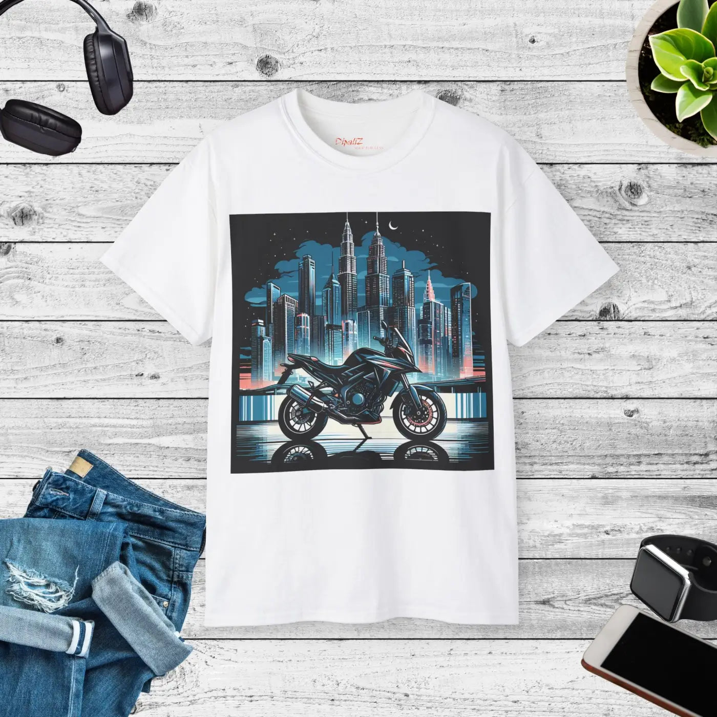Urban Motorcycle Unisex Ultra Cotton Tee - Bold Cityscape - DipaliZ