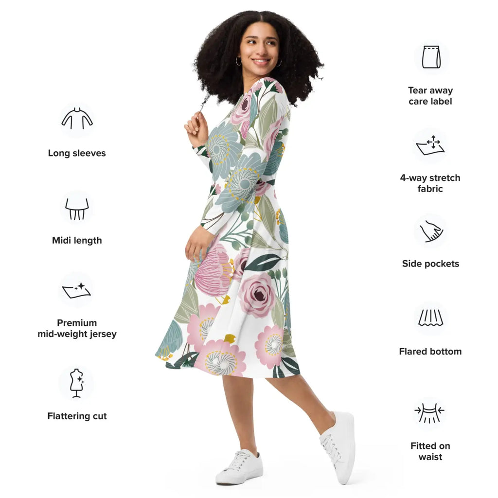 Floral Midi Dress - Long Sleeve Spring Flowers - DipaliZ