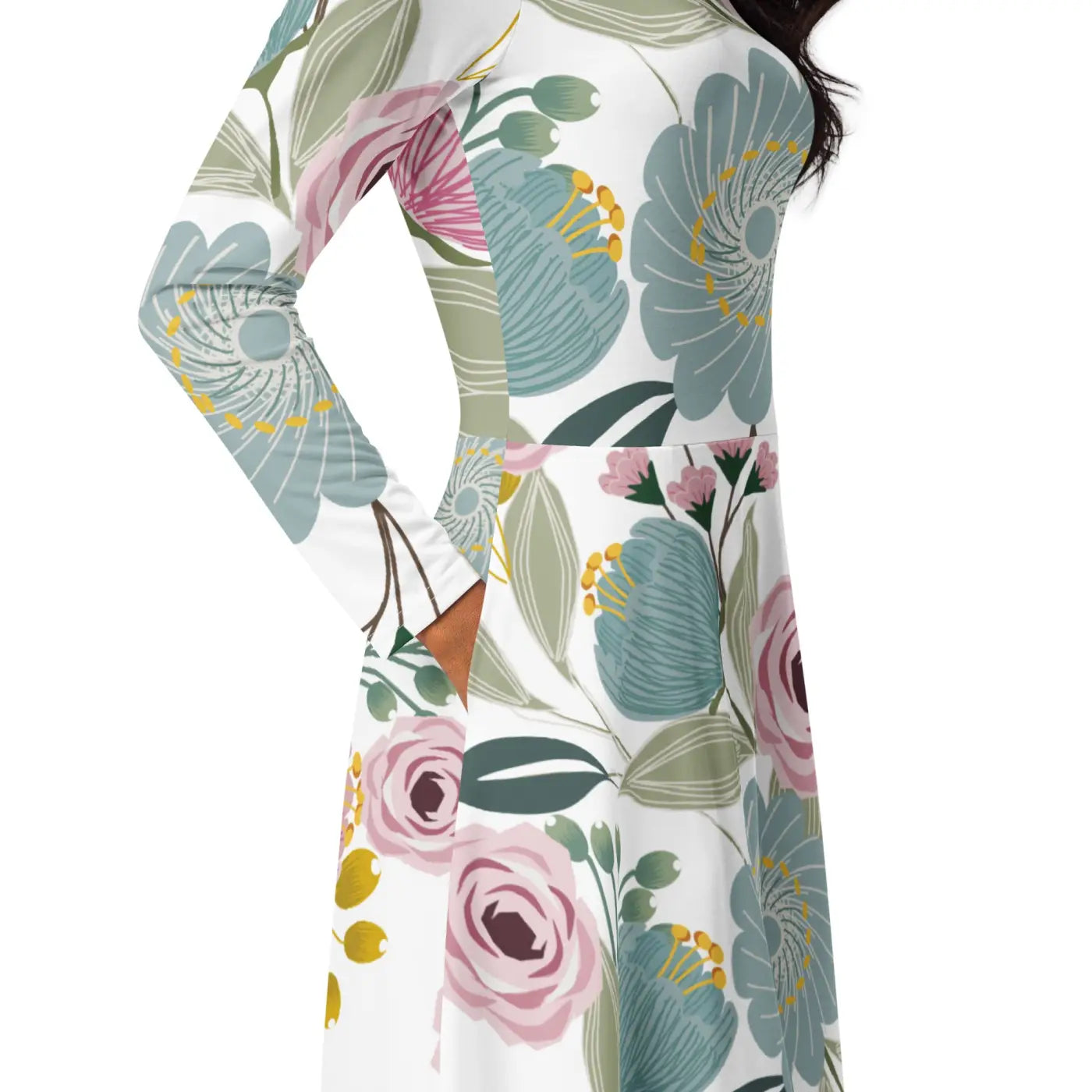 Floral Midi Dress - Long Sleeve Spring Flowers - DipaliZ
