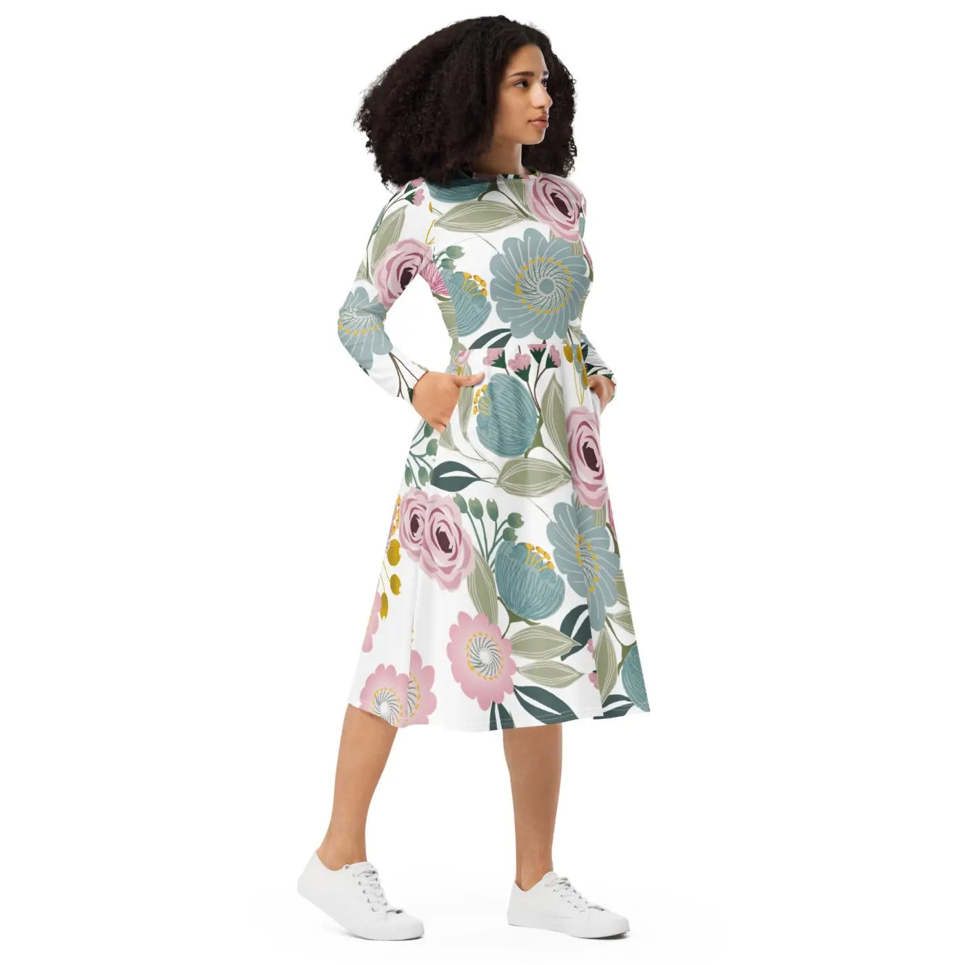 Floral Midi Dress - Long Sleeve Spring Flowers - DipaliZ