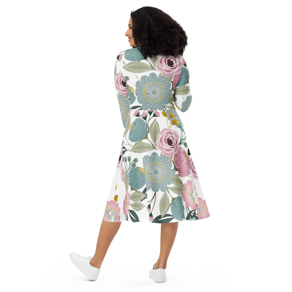 Floral Midi Dress - Long Sleeve Spring Flowers - DipaliZ