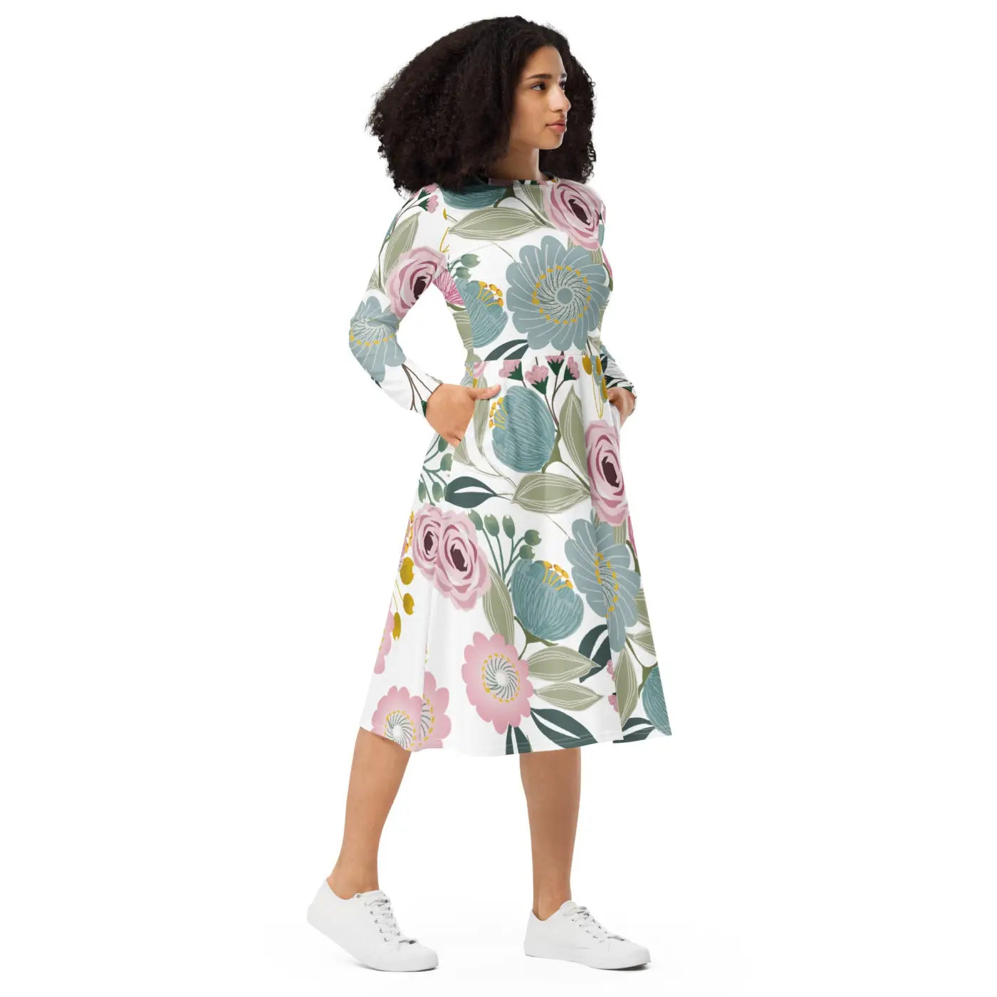 Floral Midi Dress - Long Sleeve Spring Flowers - DipaliZ