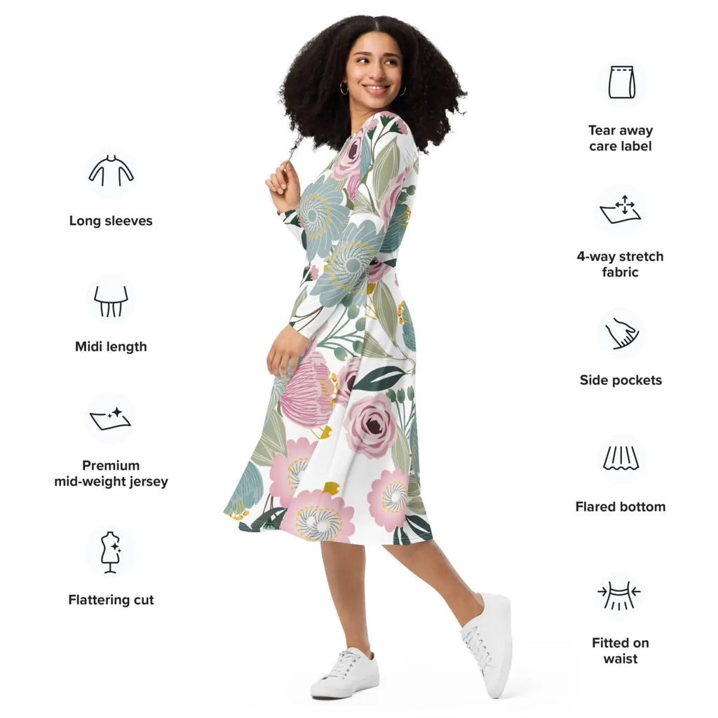 Floral Midi Dress - Long Sleeve Spring Flowers - DipaliZ