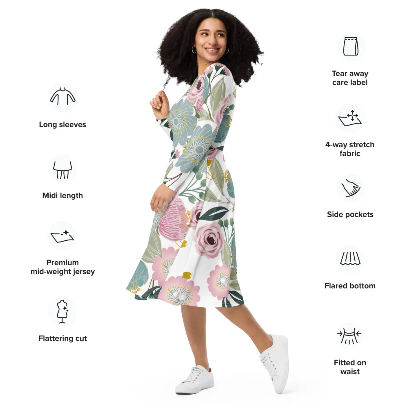 Floral Midi Dress - Long Sleeve Spring Flowers - DipaliZ