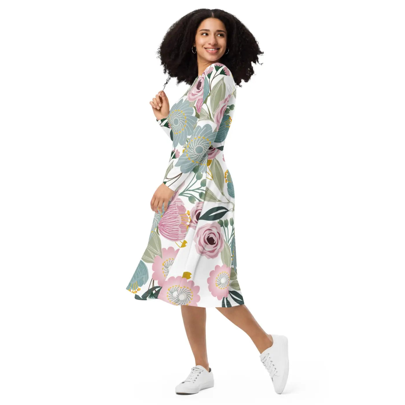Floral Midi Dress - Long Sleeve Spring Flowers - DipaliZ