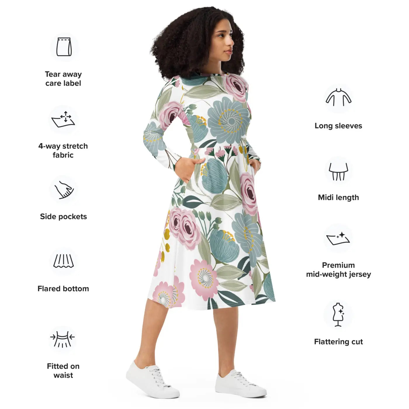 Floral Midi Dress - Long Sleeve Spring Flowers - DipaliZ