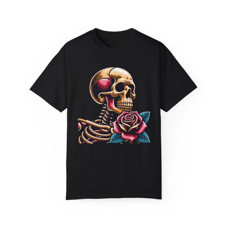 Skull With Rose Tee - Edgy Cotton Skeleton Design - DipaliZ