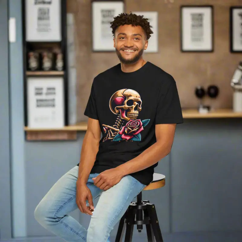 Skull With Rose Tee - Edgy Cotton Skeleton Design - DipaliZ