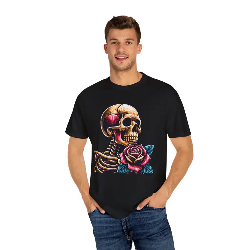 Skull With Rose Tee - Edgy Cotton Skeleton Design - DipaliZ