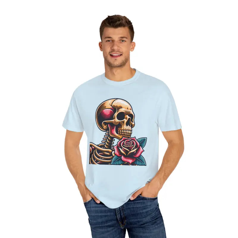 Skull With Rose Tee - Edgy Cotton Skeleton Design - DipaliZ