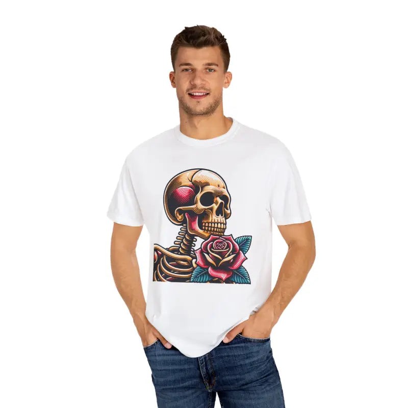 Skull With Rose Tee - Edgy Cotton Skeleton Design - DipaliZ