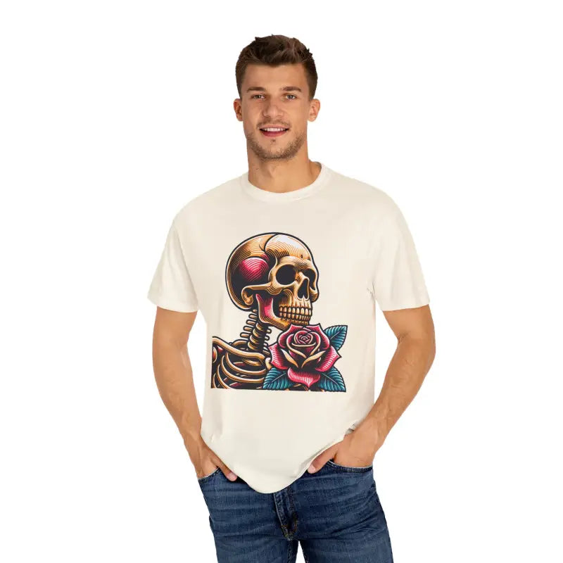 Skull With Rose Tee - Edgy Cotton Skeleton Design - DipaliZ