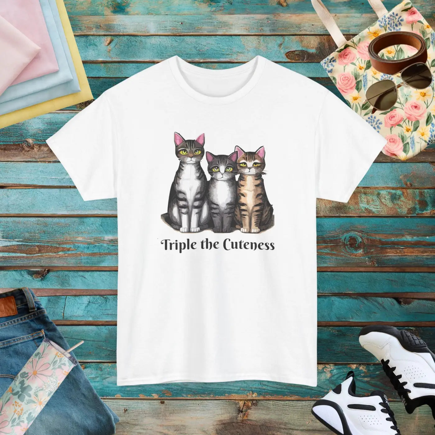 Three Cats Unisex Deluxe T Shirt - Heavy Cotton Tee - DipaliZ