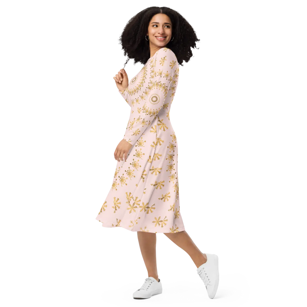 Snowflake Print Long Sleeve Midi Dress - Winter - DipaliZ