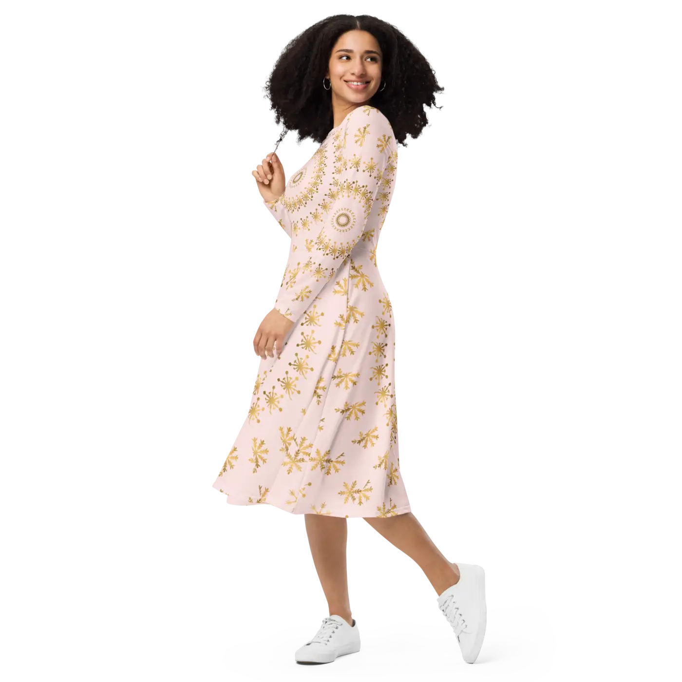 Snowflake Print Long Sleeve Midi Dress - Winter - DipaliZ