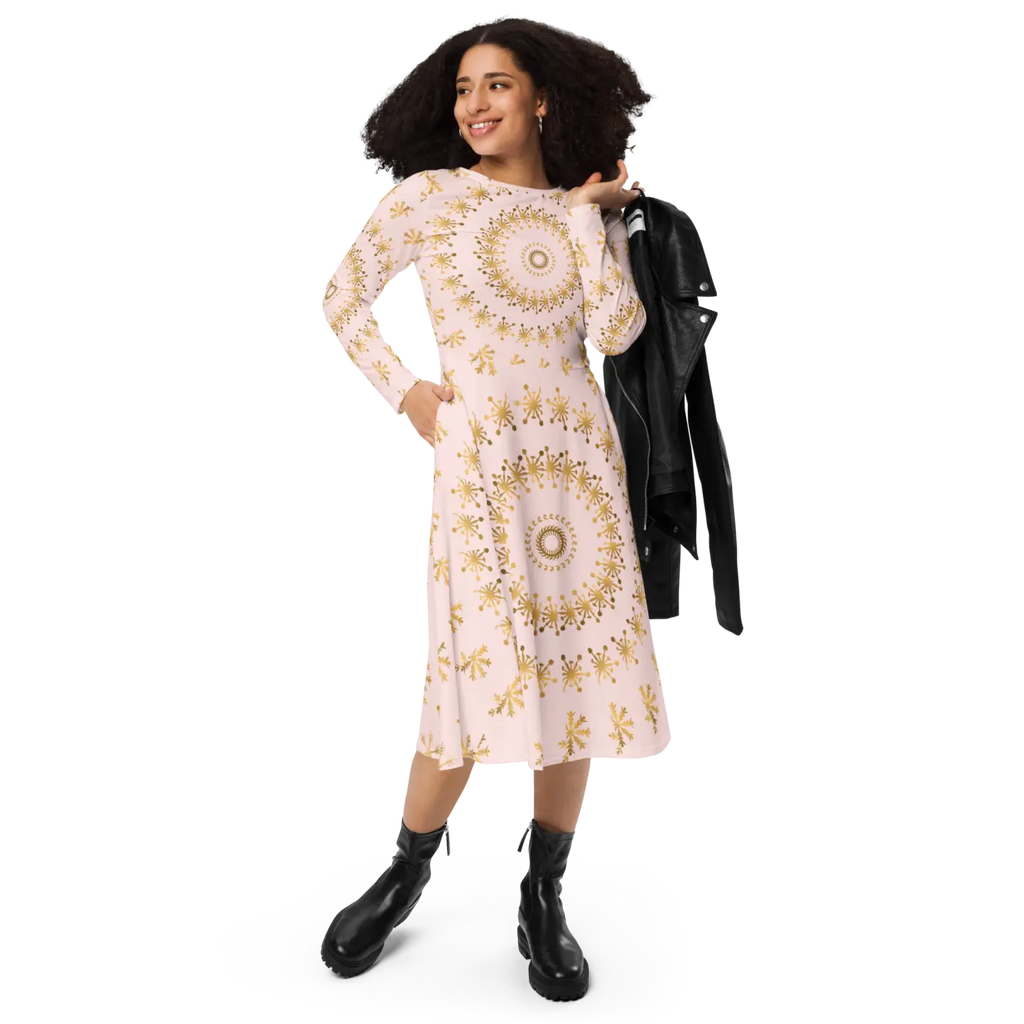 Snowflake Print Long Sleeve Midi Dress - Winter - DipaliZ