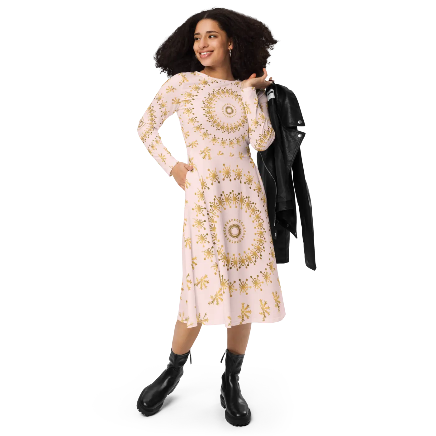 Snowflake Print Long Sleeve Midi Dress - Winter - DipaliZ