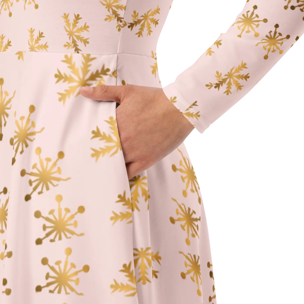 Snowflake Print Long Sleeve Midi Dress - Winter - DipaliZ