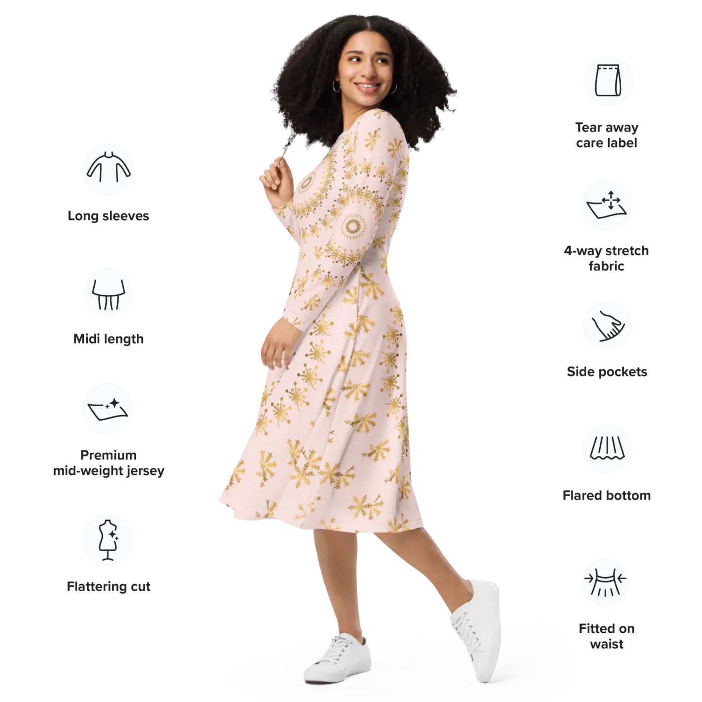 Snowflake Print Long Sleeve Midi Dress - Winter - DipaliZ