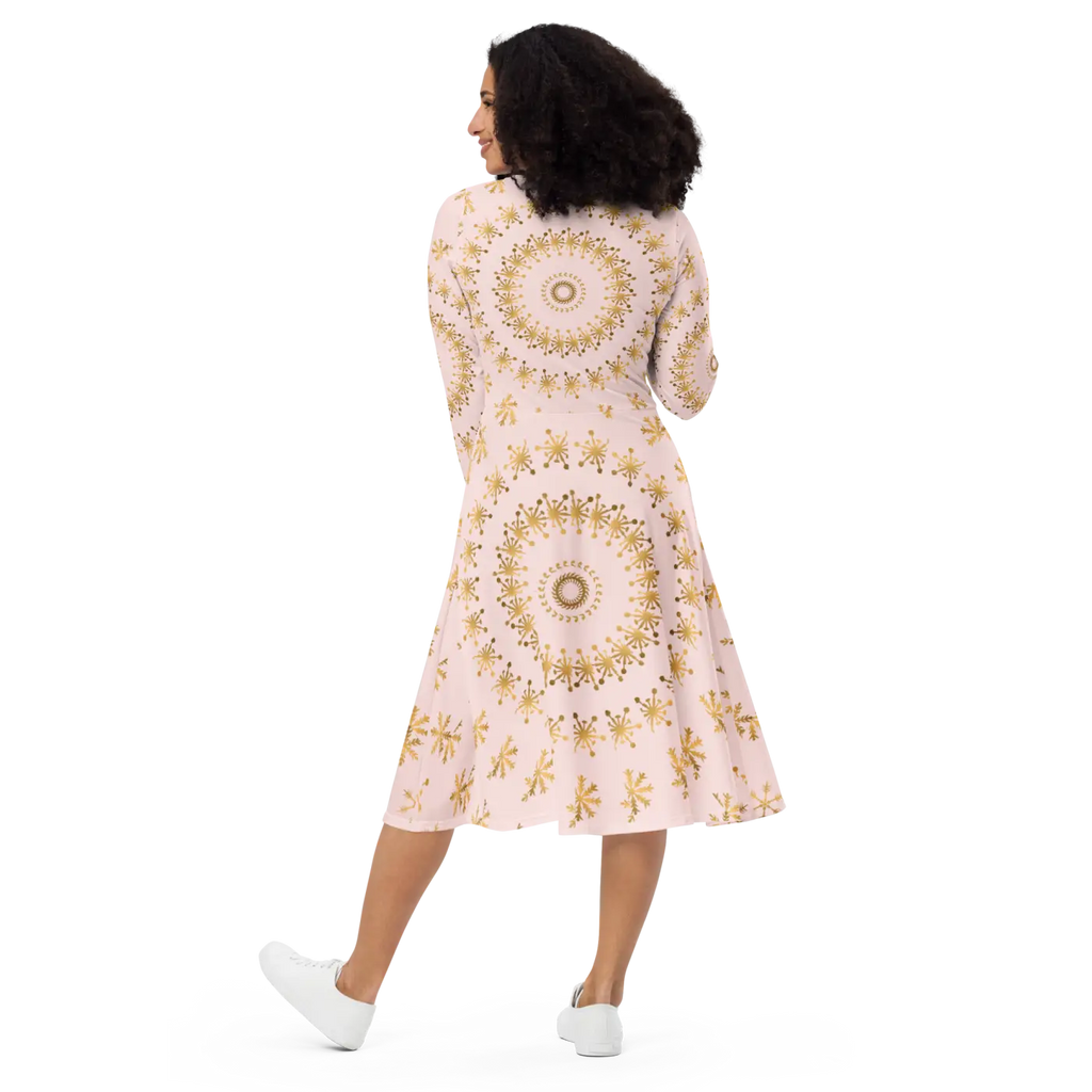 Snowflake Print Long Sleeve Midi Dress - Winter - DipaliZ