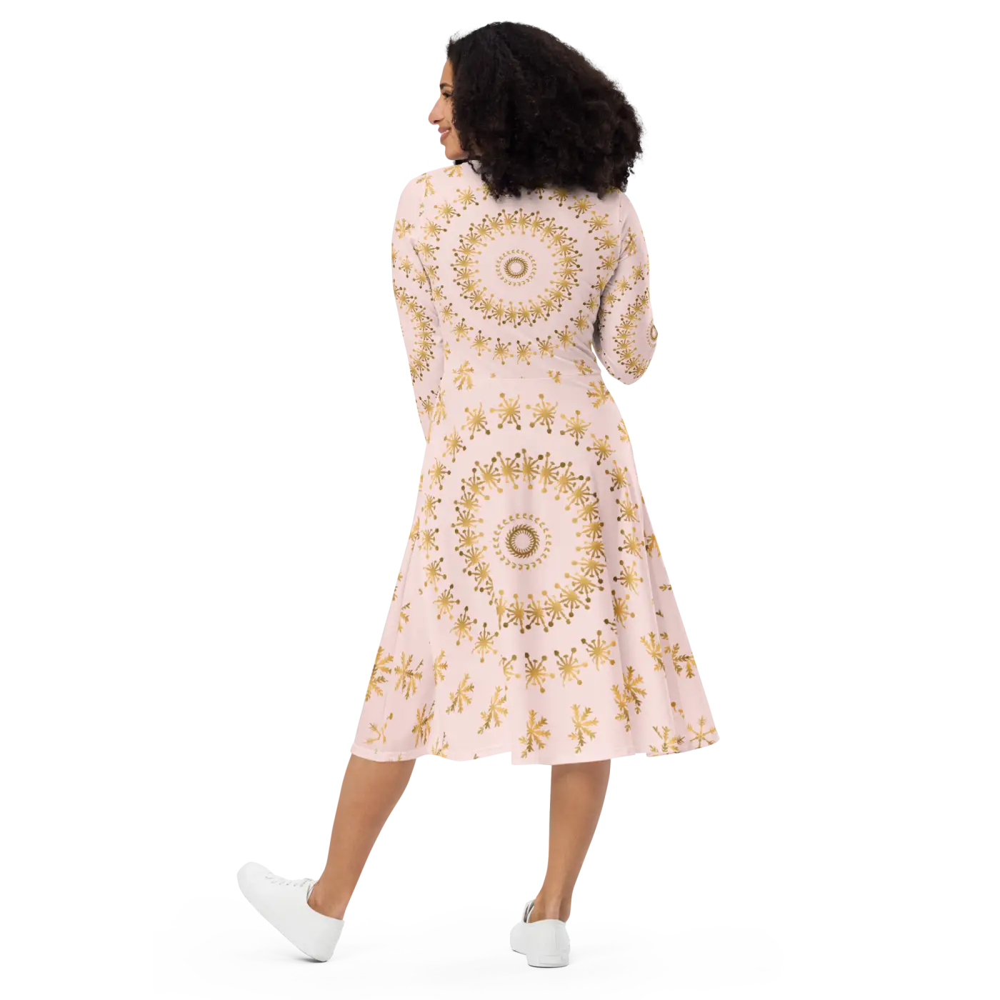 Snowflake Print Long Sleeve Midi Dress - Winter - DipaliZ