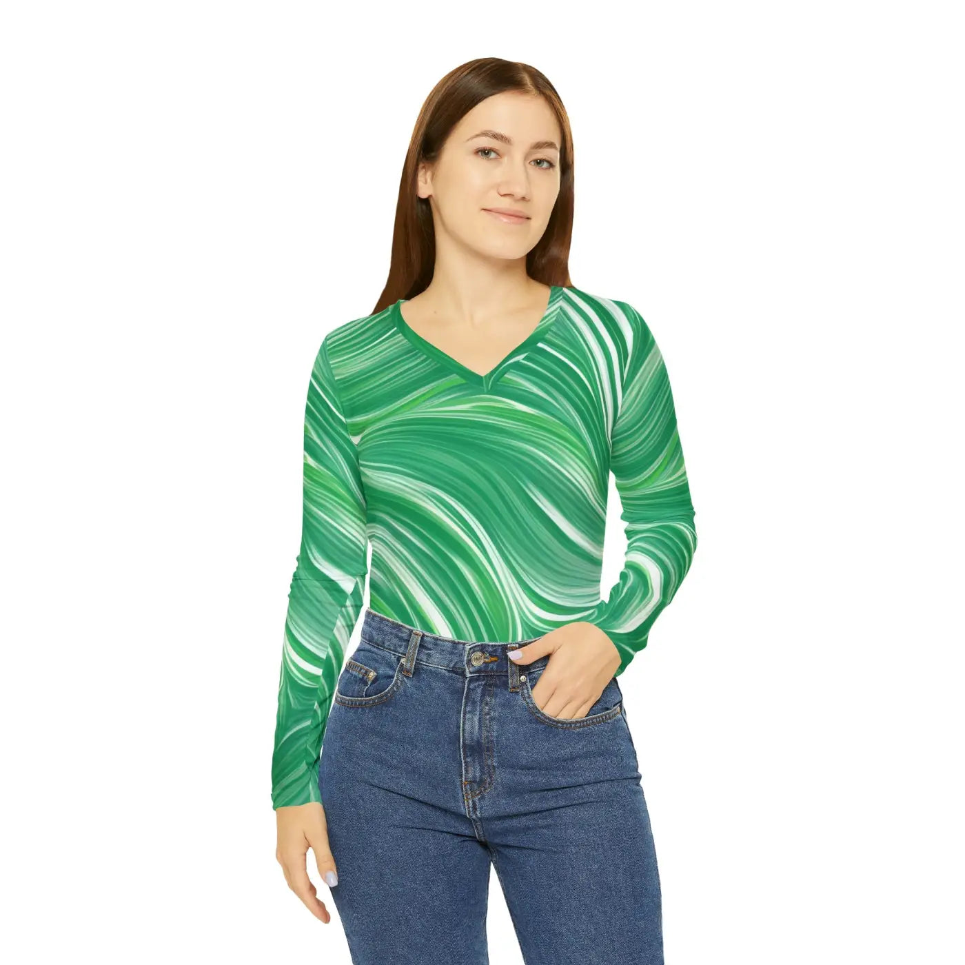 Long Sleeve Wavy Pattern Tee - Sleeve V Neck Green - DipaliZ
