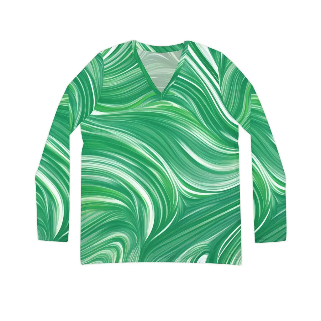 Long Sleeve Wavy Pattern Tee - Sleeve V Neck Green - DipaliZ