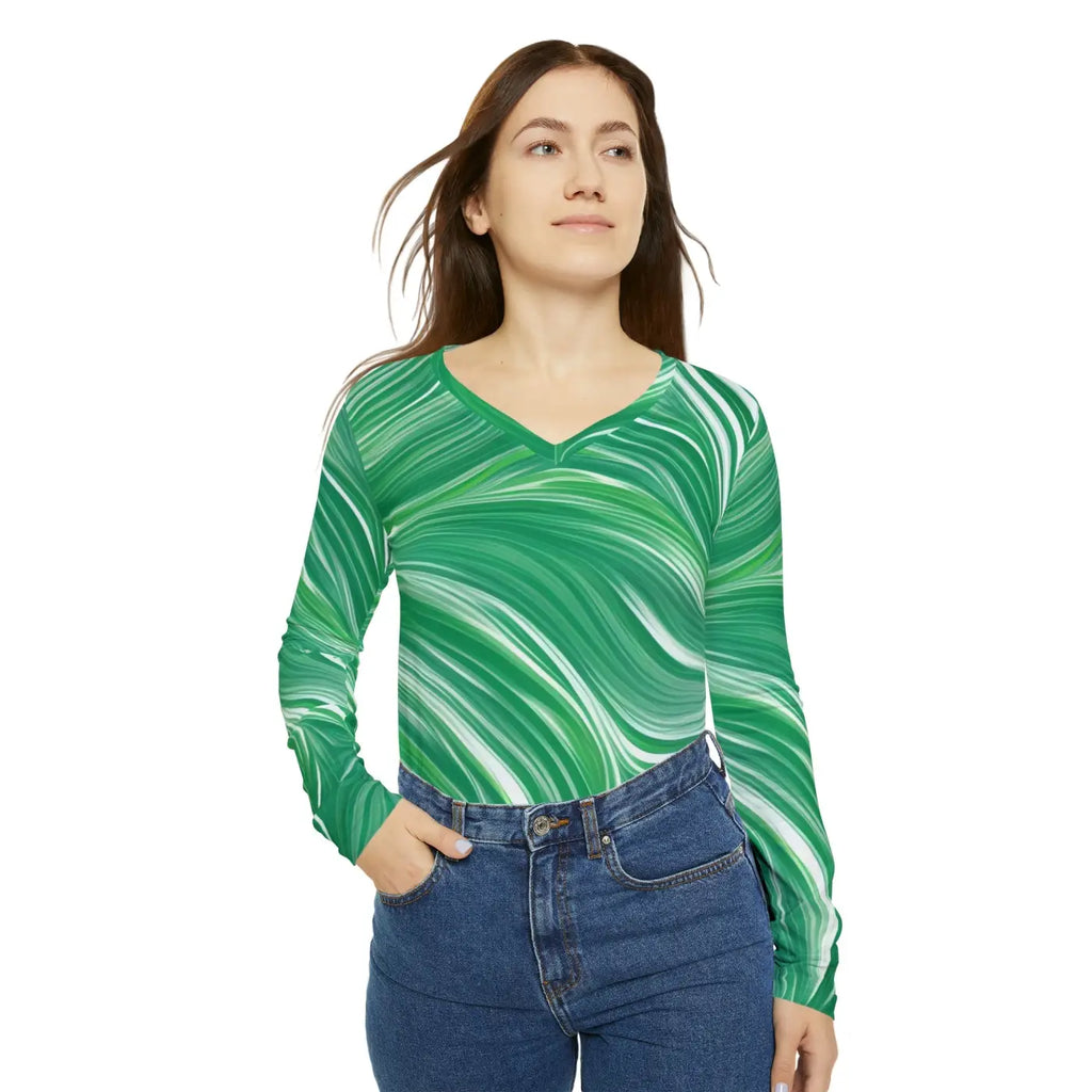 Long Sleeve Wavy Pattern Tee - Sleeve V Neck Green - DipaliZ