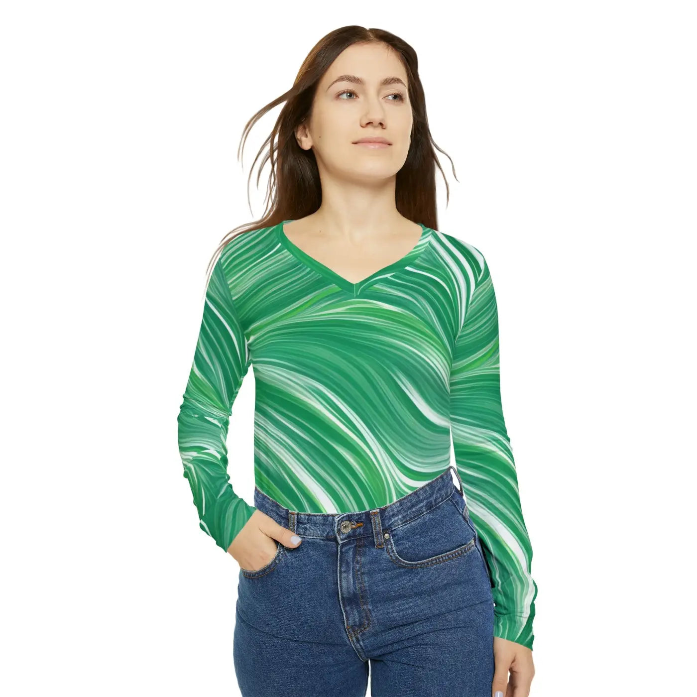 Long Sleeve Wavy Pattern Tee - Sleeve V Neck Green - DipaliZ