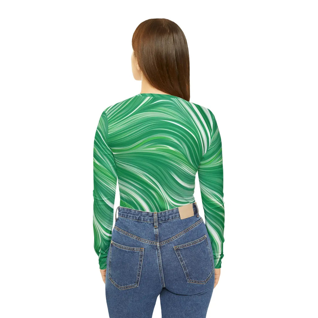 Long Sleeve Wavy Pattern Tee - Sleeve V Neck Green - DipaliZ