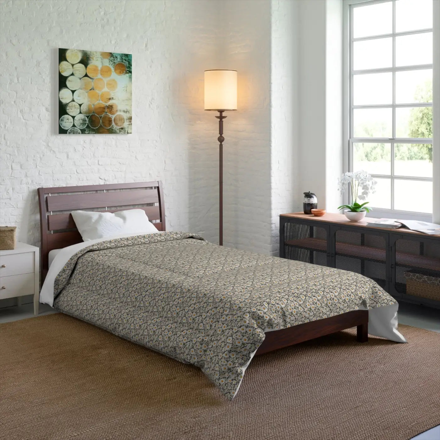 White Daisy Flowers Comforter - Cozy Floral Bedding - DipaliZ