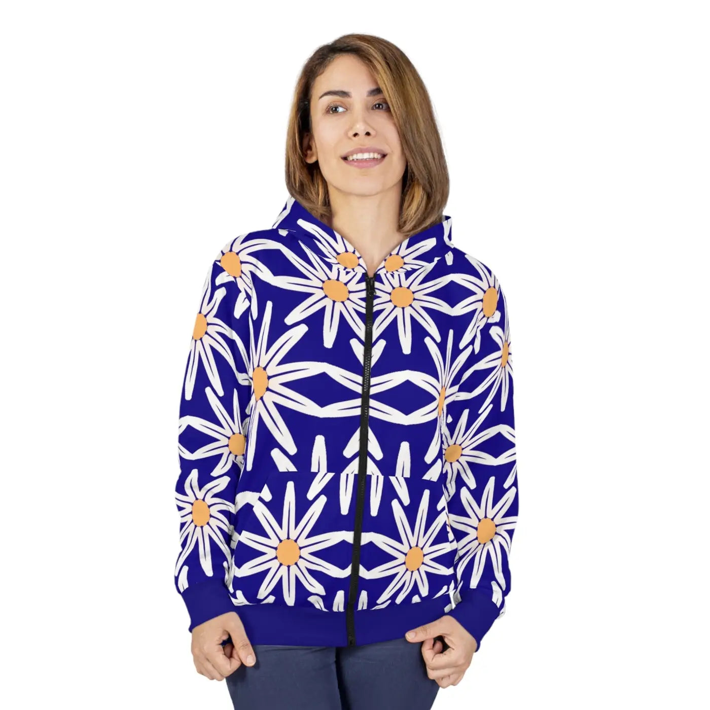 Bold White Floral Unisex Zip Hoodie - Winter Style - DipaliZ
