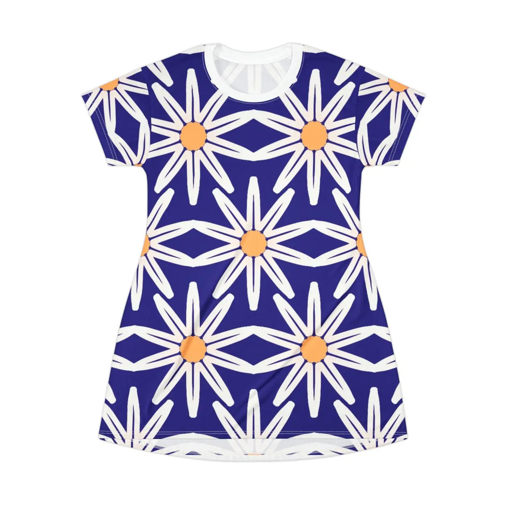 Blue Dress - White Flowers on Blue T-Shirt Dress - DipaliZ