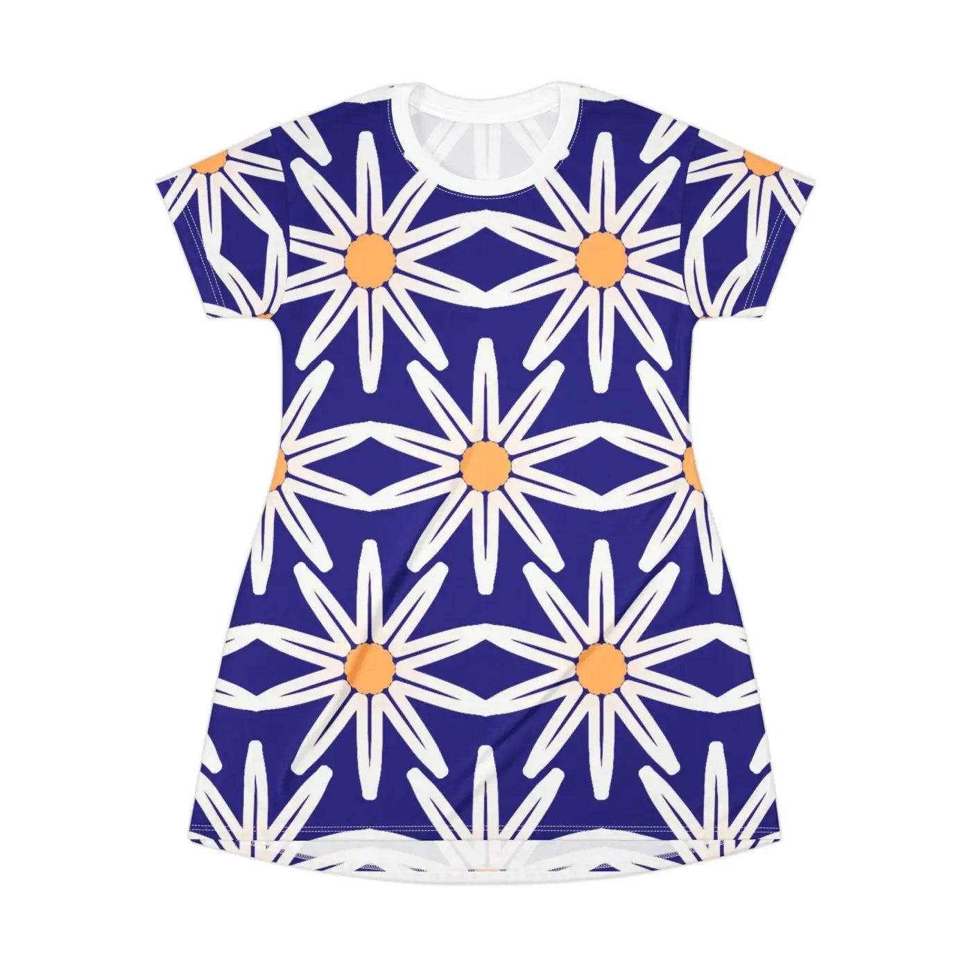 Blue Dress - White Flowers on Blue T-Shirt Dress - DipaliZ