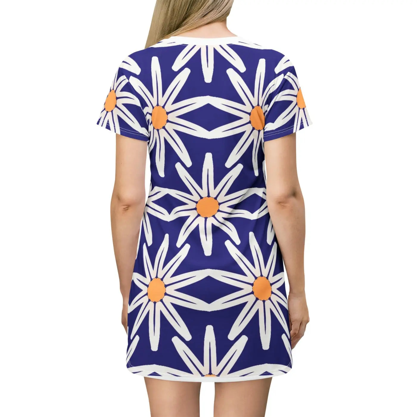 Blue Dress - White Flowers on Blue T-Shirt Dress - DipaliZ