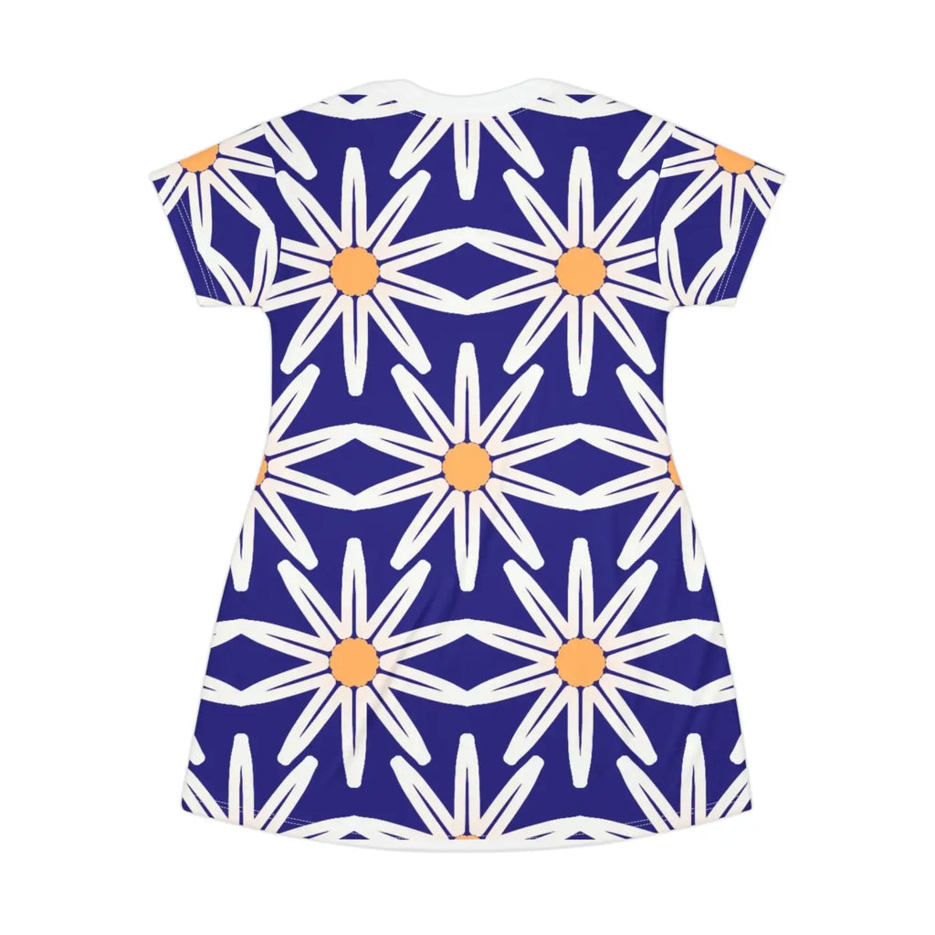 Blue Dress - White Flowers on Blue T-Shirt Dress - DipaliZ
