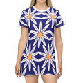 Blue Dress - White Flowers on Blue T-Shirt Dress - DipaliZ