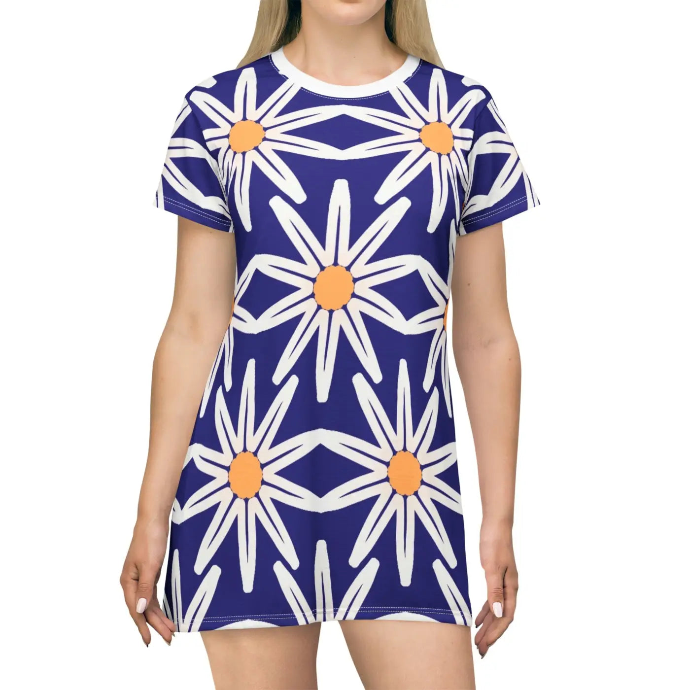 Blue Dress - White Flowers on Blue T-Shirt Dress - DipaliZ