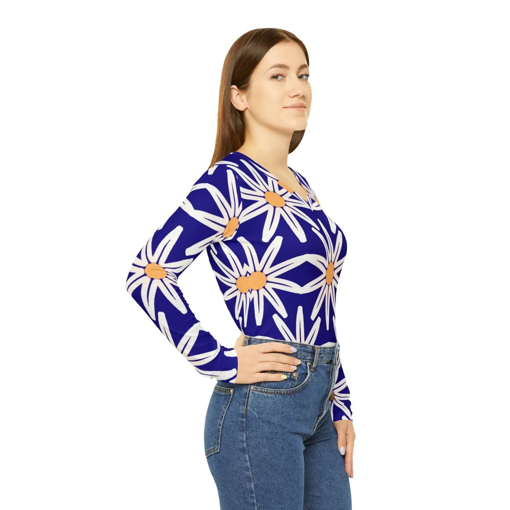 Long Sleeve V Neck Tee - White Flower Pattern - DipaliZ