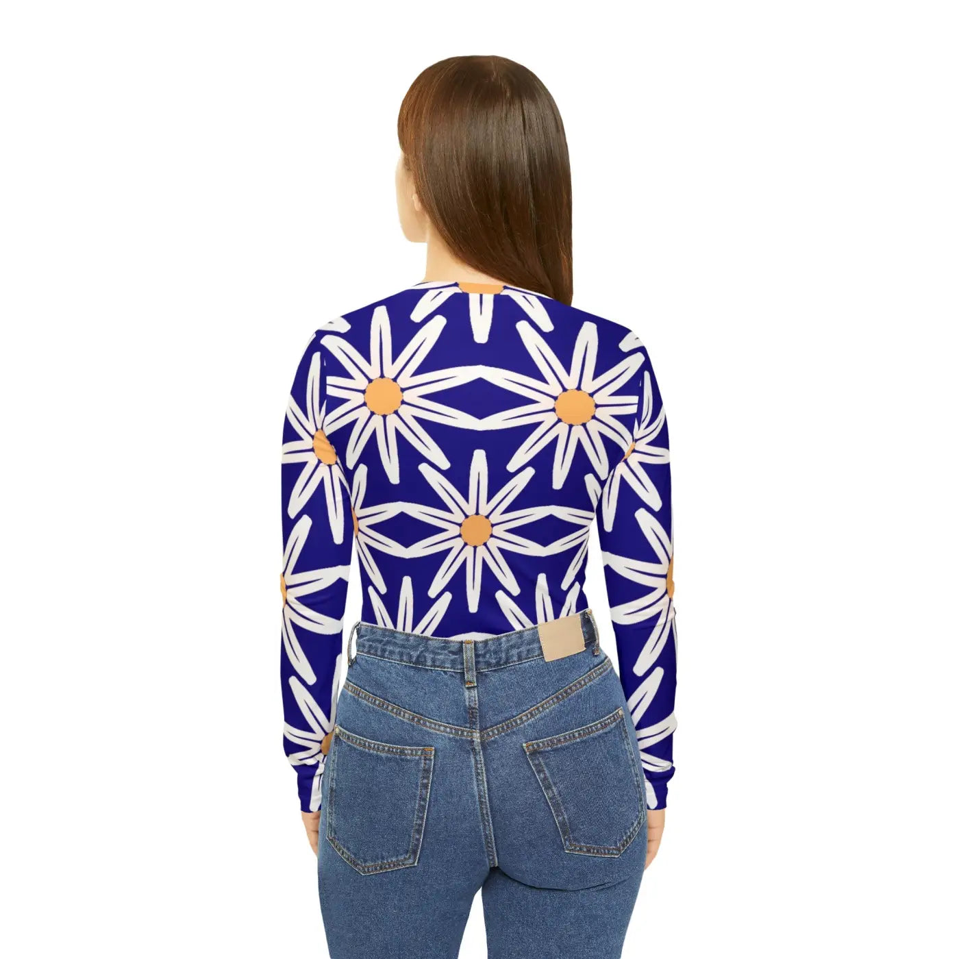 Long Sleeve V Neck Tee - White Flower Pattern - DipaliZ