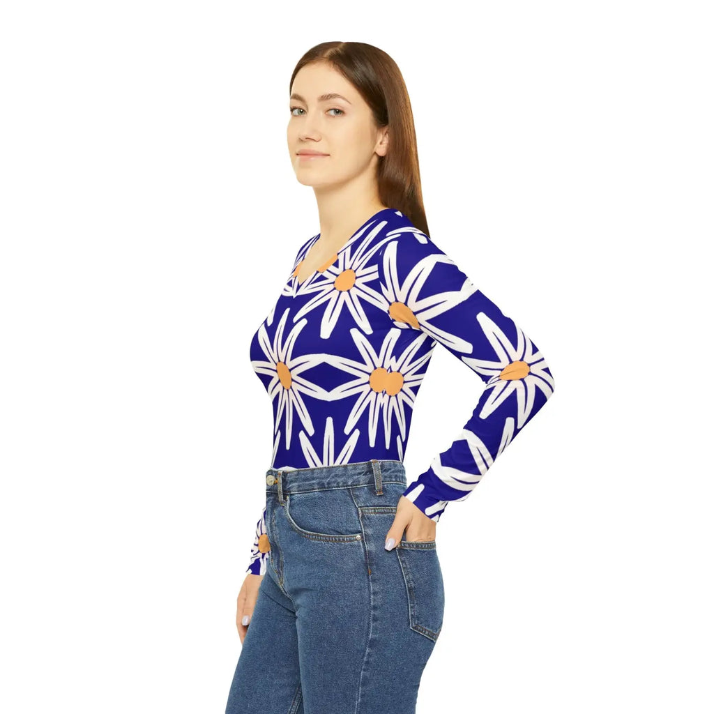 Long Sleeve V Neck Tee - White Flower Pattern - DipaliZ