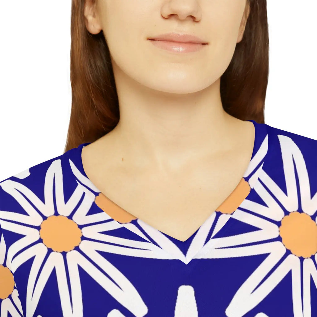 Long Sleeve V Neck Tee - White Flower Pattern - DipaliZ