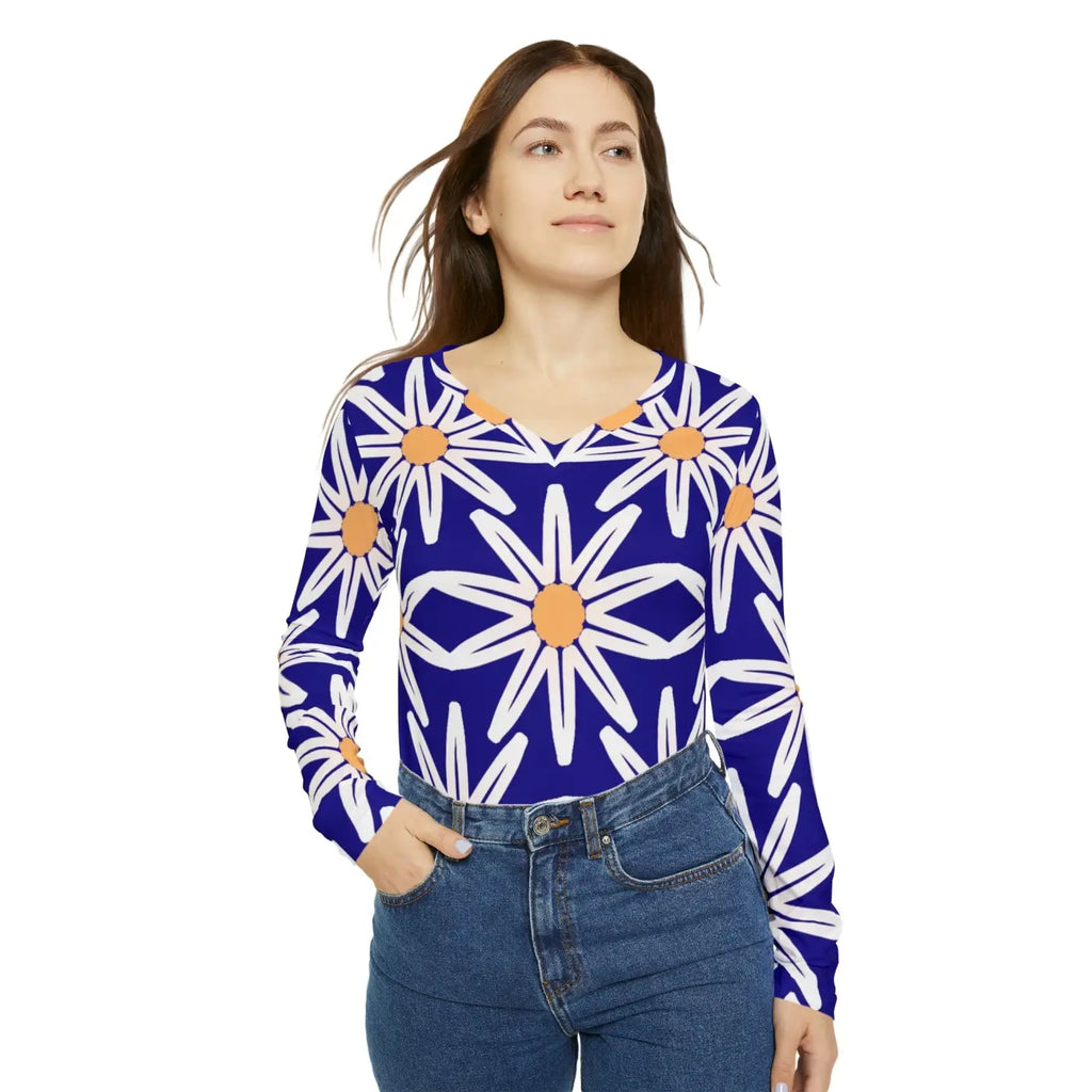 Long Sleeve V Neck Tee - White Flower Pattern - DipaliZ