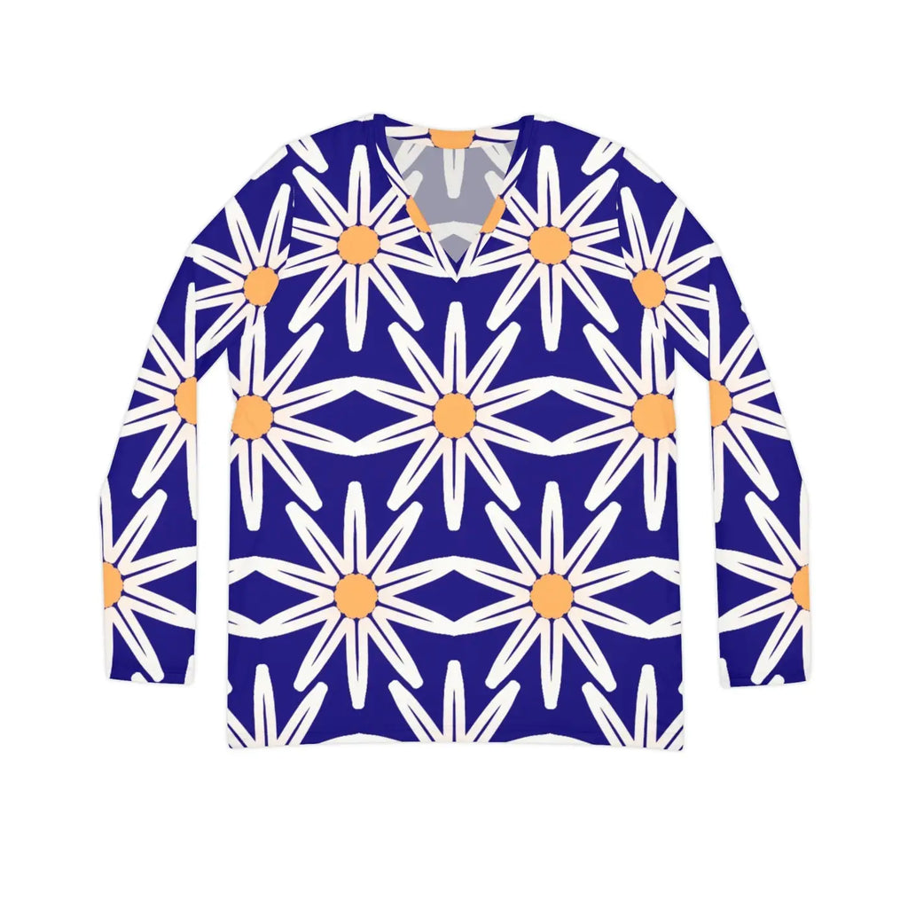 Long Sleeve V Neck Tee - White Flower Pattern - DipaliZ