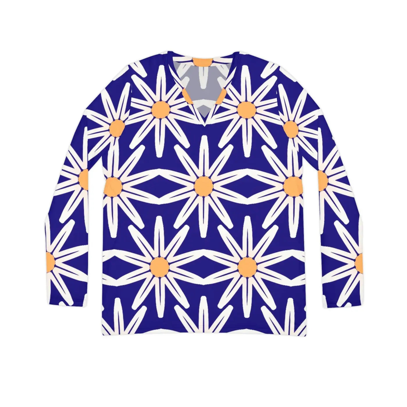 Long Sleeve V Neck Tee - White Flower Pattern - DipaliZ