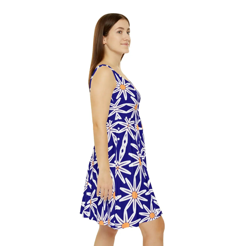 Vibrant Blue Skater Dress - White Flower Pattern - DipaliZ