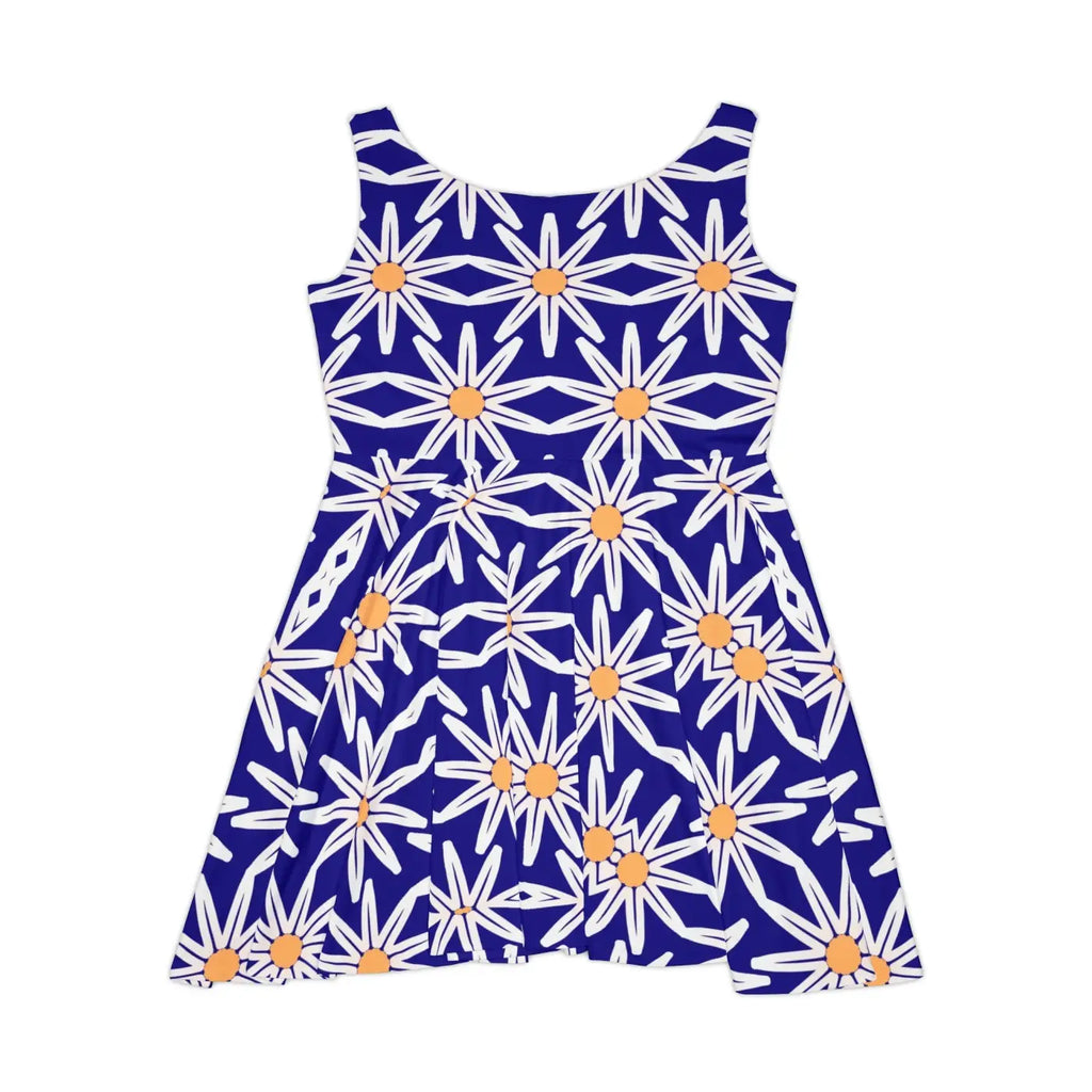 Vibrant Blue Skater Dress - White Flower Pattern - DipaliZ