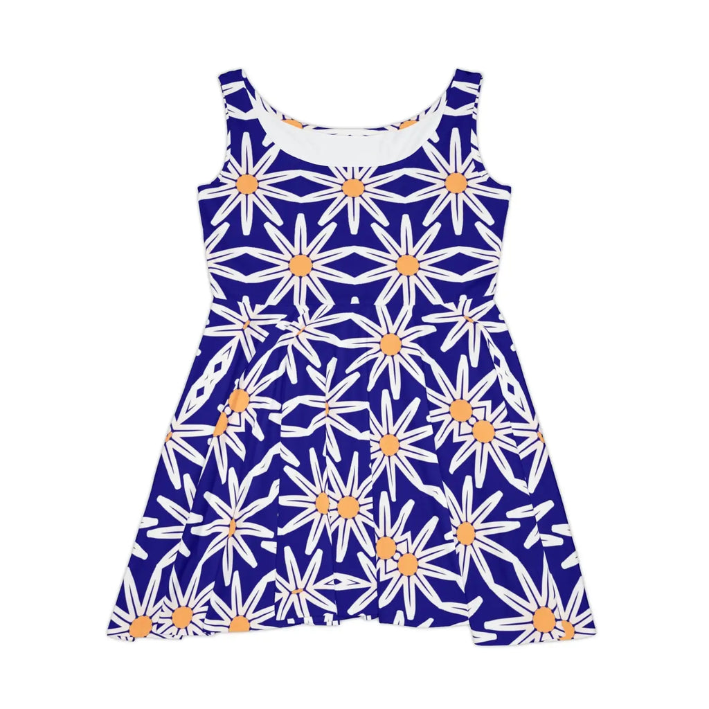 Vibrant Blue Skater Dress - White Flower Pattern - DipaliZ