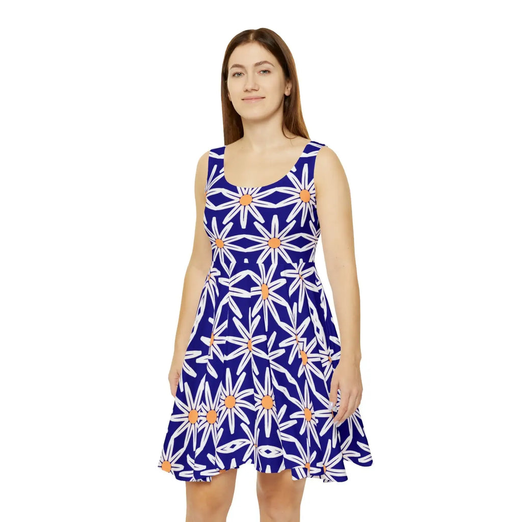 Vibrant Blue Skater Dress - White Flower Pattern - DipaliZ
